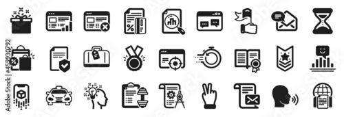 Set of Business icons, such as Special offer, Diploma, Fast recovery icons. Hand baggage, Honor, New mail signs. Leadership, Taxi, Web report. Analytics graph, Mail letter, Reject web. Vector