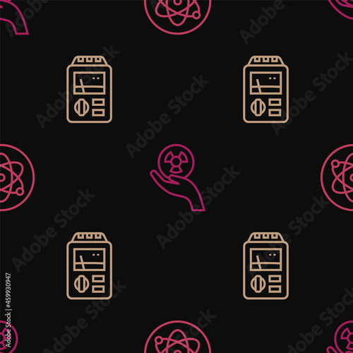 Set line Atom, Dosimeter and Radioactive on seamless pattern. Vector