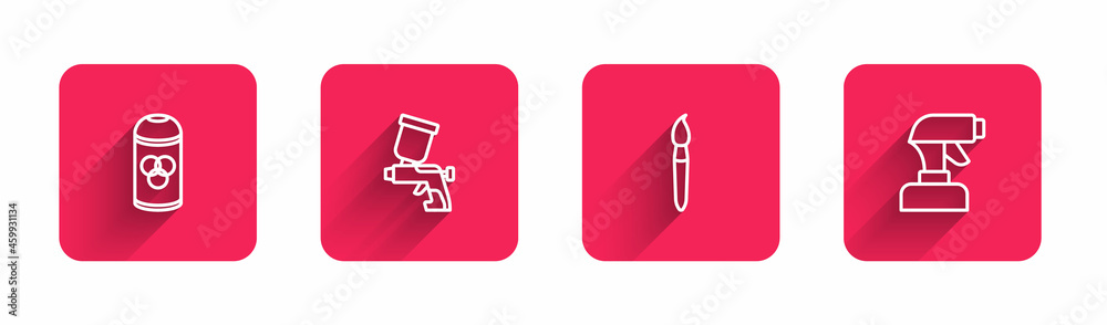Set line Paint spray can, gun, brush and with long shadow. Red square button. Vector Set line Paint spray can, gun, brush and with long shadow. Red square button. Vector