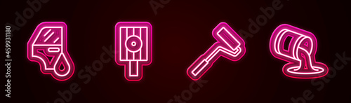 Set line Car painting, Spray can nozzle cap, Paint roller brush and bucket. Glowing neon icon. Vector