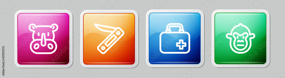 Set line Rhinoceros, Swiss army knife, First aid kit and Monkey. Colorful square button. Vector Set line Rhinoceros, Swiss army knife, First aid kit and Monkey. Colorful square button. Vector