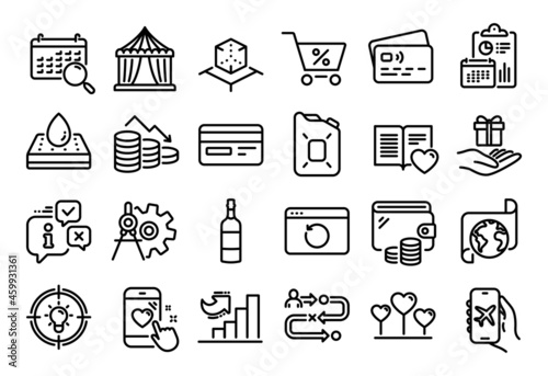 Vector set of Translation service, Loyalty program and Cogwheel dividers line icons set. Calendar report, Money wallet and Credit card tag. Vector