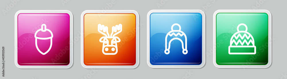 Set line Acorn, Deer head with antlers, Winter hat and Beanie. Colorful square button. Vector