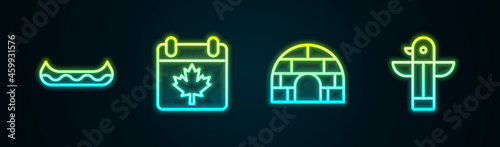 Set line Kayak, Canada day with maple leaf, Igloo ice house and Canadian totem pole. Glowing neon icon. Vector