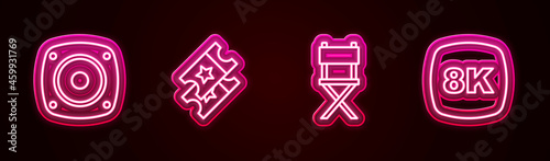 Set line Stereo speaker, Cinema ticket, Director movie chair and 8k Ultra HD. Glowing neon icon. Vector