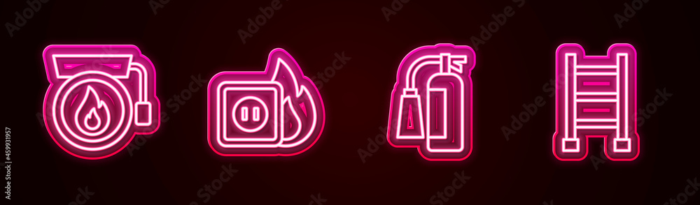 Set line Ringing alarm bell, Electric wiring of socket fire, Fire extinguisher and escape. Glowing neon icon. Vector Set line Ringing alarm bell, Electric wiring of socket fire, Fire extinguisher and escape. Glowing neon icon. Vector