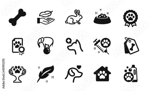 Vector set of Pets care, Dog competition and Winner cup icons simple set. Dog certificate, Pet shelter and Animal tested icons. Pet shampoo, Lightweight and Feather signs. Vector