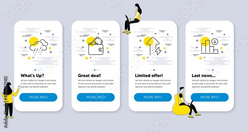 Set of Business icons, such as Rainy weather, Wallet, Energy growing icons. UI phone app screens with people. Decreasing graph line symbols. Rain, Usd cash, Power usage. Crisis chart. Vector