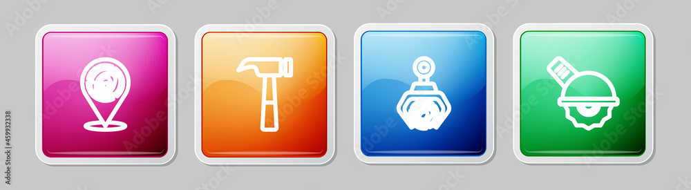 Set line Wooden logs, Hammer, Grapple crane grabbed and Electric circular saw. Colorful square button. Vector