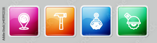 Set line Wooden logs, Hammer, Grapple crane grabbed and Electric circular saw. Colorful square button. Vector