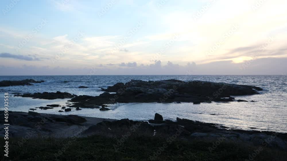 The granite shore after the sunset at Le Croisic. France, September 2021.