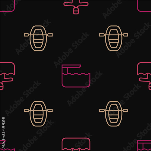 Set line Water gymnastics, Boat with oars and Diving board or springboard on seamless pattern. Vector