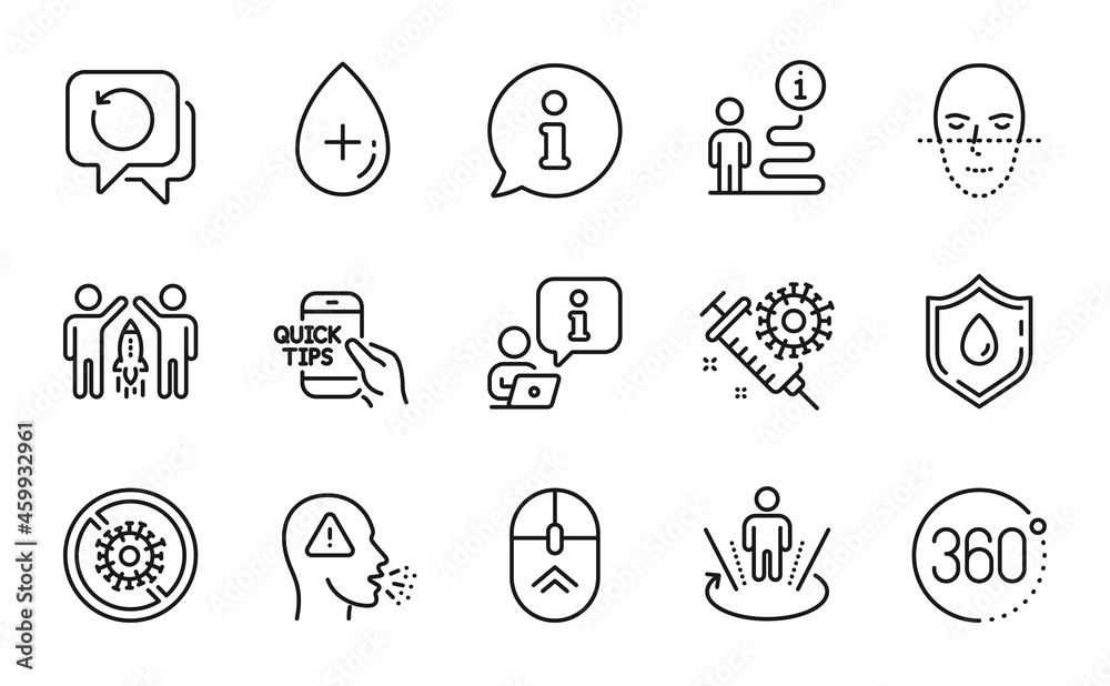 Science icons set. Included icon as Oil serum, Stop coronavirus, Coronavirus vaccine signs. Swipe up, Recovery data, Partnership symbols. Education, Face recognition, Blood donation. Cough. Vector