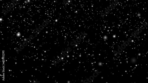 White snow overlay layer on black background, snowflakes bokeh and snowfall for Christmas and holiday design. photo