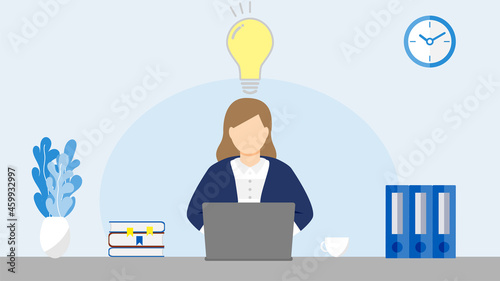 フラットデザイン　ビジネスウーマン　オフィス　ひらめき