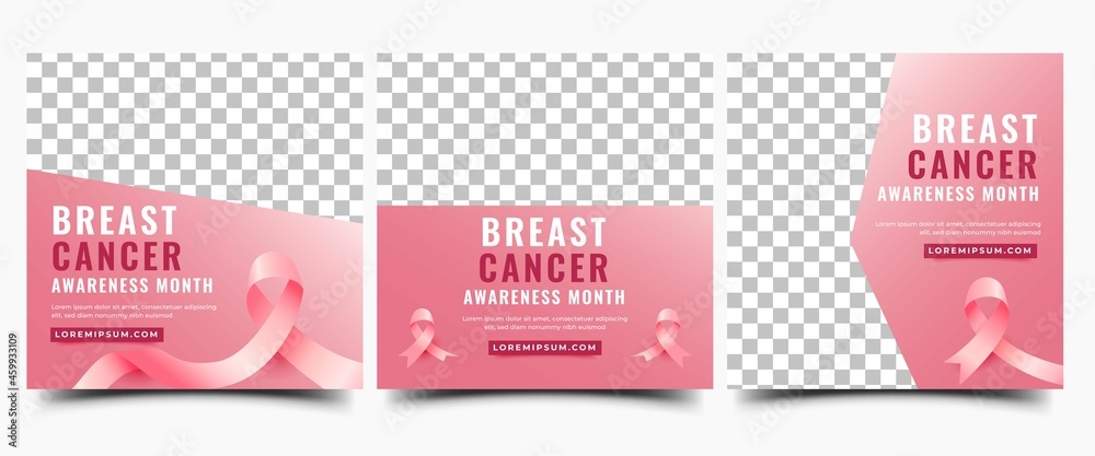 Set of Breast cancer awareness month social media post template. Modern gradient pink background with ribbon and place for the photo. Usable for social media, banner, card, and website. - obrazy, fototapety, plakaty 