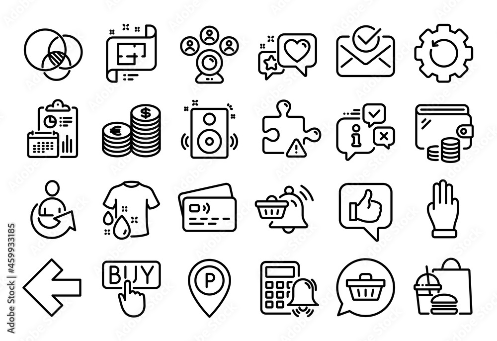 Vector set of Currency, Three fingers and Fast food line icons set. Calendar report, Money wallet and Credit card tag. Puzzle, Speakers and Architectural plan icons. Vector