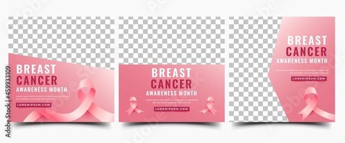 Set of Breast cancer awareness month social media post template. Modern gradient pink background with ribbon and place for the photo. Usable for social media, banner, card, and website.