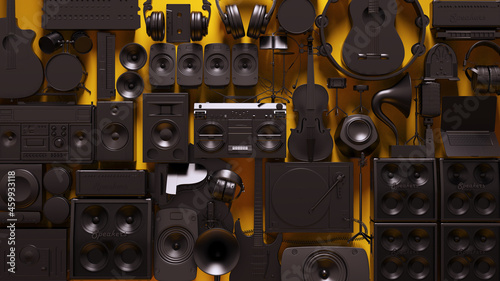 Black Yellow Musical Instrument Collage  Wall 3d illustration render photo
