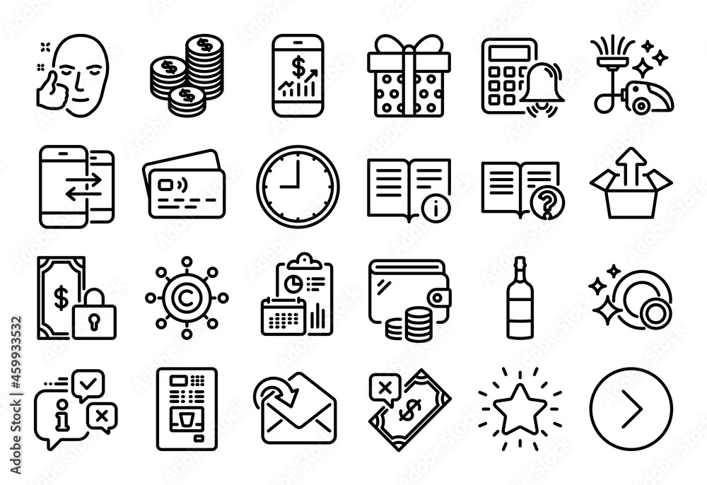 Vector set of Coffee vending, Healthy face and Rank star line icons set. Calendar report, Money wallet and Credit card tag. Help, Mobile finance and Gift box icons. Vector