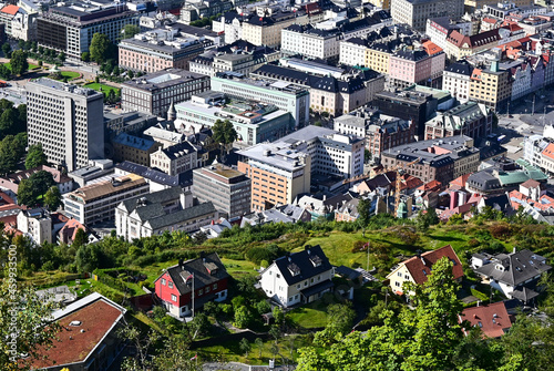 Aerial bird view of Bergen city and harbour