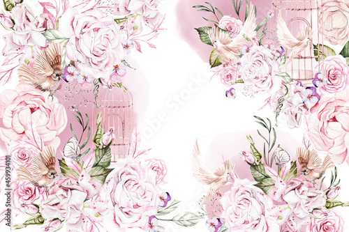 Watercolor wedding card with pink flowers rose and peony, bird and butterfly. Illustration