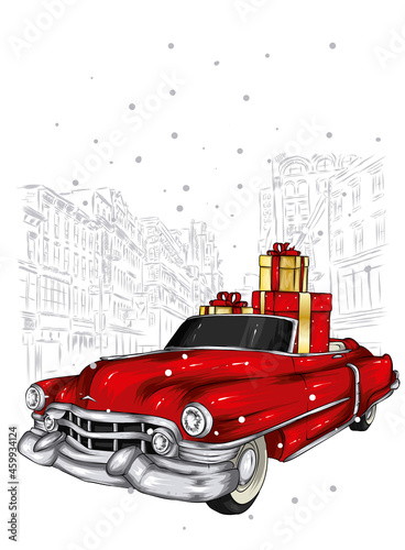 Vintage car on a winter street and Christmas gifts. New Year and Christmas, print on a postcard.