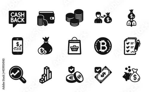 Vector set of Accepted payment, Manager and Mobile finance icons simple set. Analytics, Tips and Survey checklist icons. Loan, Money transfer and Sallary signs. Vector