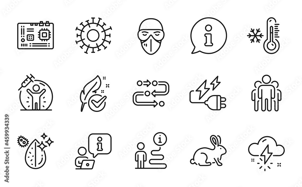 Science icons set. Included icon as Group, Hypoallergenic tested, Thunderstorm weather signs. Dirty water, Electricity plug, Medical mask symbols. Coronavirus, Vaccine protection. Vector