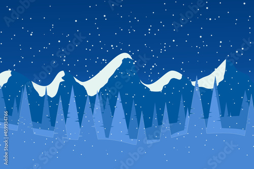 Vector landscape Big mountain with pines, hills, and snowflakes. winter holidays