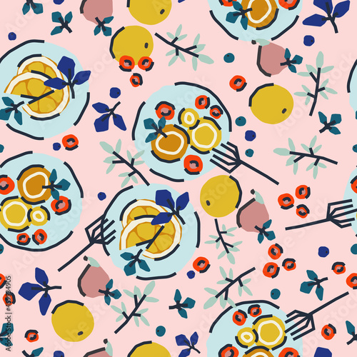 Fototapeta Naklejka Na Ścianę i Meble -  Seamless pattern with breakfast, dessert. Trendy cute vector illustration, background, wrapping paper