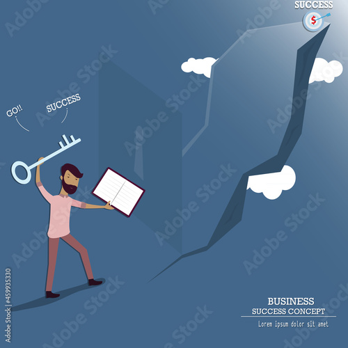 Flat of business success concept,Smiling man hold the book and a key stand in front of the door - vector