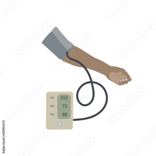 A dark skinned hand and a tonometer with normal blood pressure. Flat vector medical illustration.