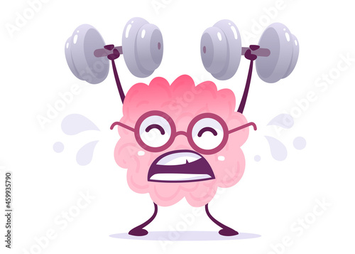 Vector Creative Illustration of Strong Pink Human Brain Character in Glasses with Sweat on White Background. Flat Doodle Style Knowledge Concept Design of Emotional Brain Lifting Weight with Effort