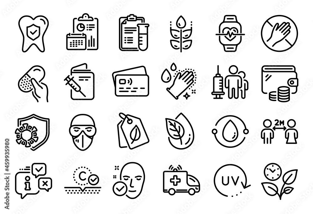 Fototapeta premium Vector set of Ambulance car, Dental insurance and Cold-pressed oil line icons set. Calendar report, Money wallet and Credit card tag. Medical analyzes, Uv protection and Collagen skin icons. Vector