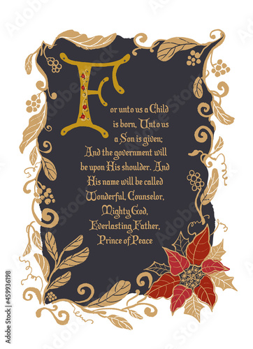 Decorative vector Christmas card with golden floral border and Bible verse from Isaiah , on dark blue background,in old Illuminated calligraphy style.