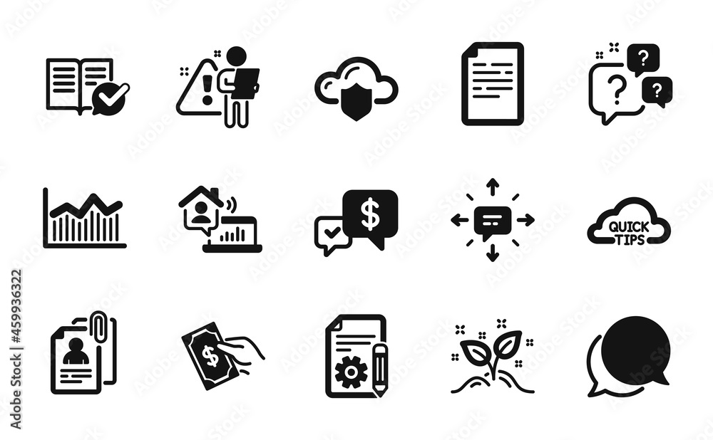 Vector set of Pay money, Interview documents and Cloud protection icons simple set. Chat message, Sms and Payment received icons. Quick tips, Search employee and Work home signs. Vector