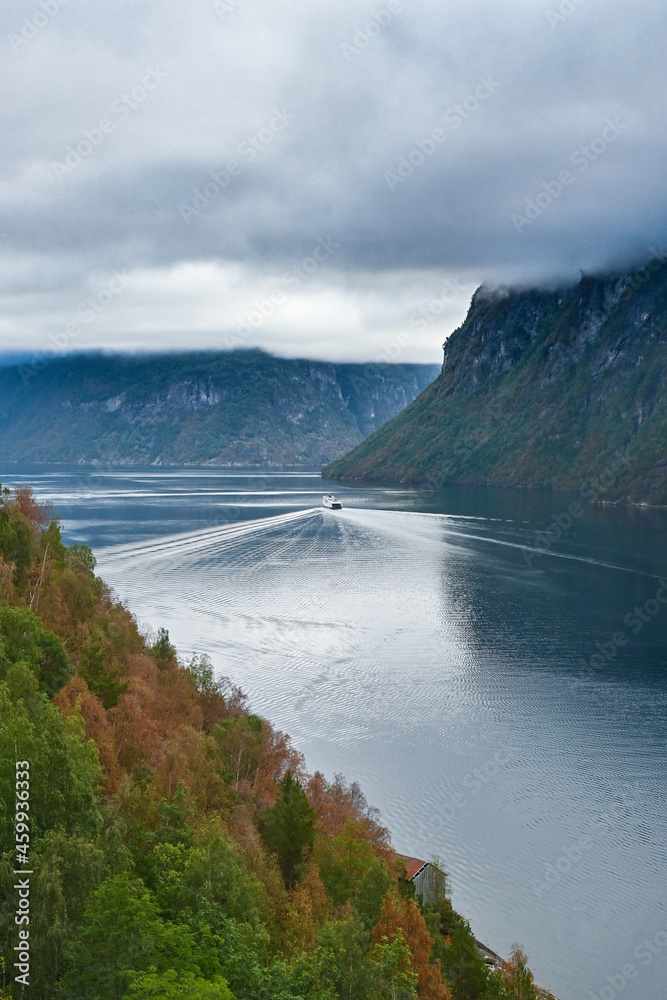 Amazing views of a typical norwegian Fjord. Geiranger Fjord in Hellesylt in autumn Amazing views of a typical norwegian Fjord. Geiranger Fjord in Hellesylt in autumn