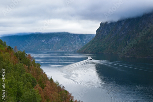 Amazing views of a typical norwegian Fjord. Geiranger Fjord in Hellesylt in autumn