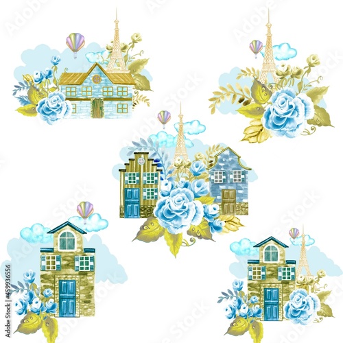 Watercolor Clipart Houses  Cute Hand-painted Houses  Eiffel Tower  Garden House  Roses  Blue Color  Balloon