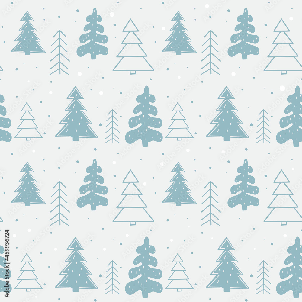 Seamless New Year template with stylized Christmas trees In the forest. Vector holiday background for packaging, paper and textile products