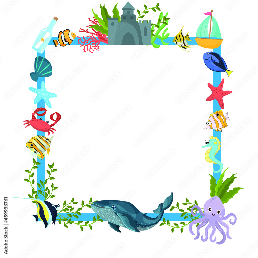 Vector under the ocean frame isolated on white background with Cute ocean elements, crab, shells, ship , starfish, whale, fish, seaweed, coral, seahorses, squid and shrimp