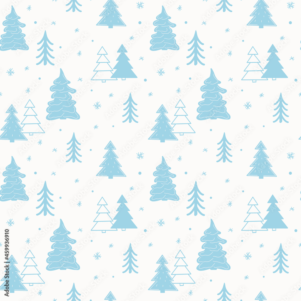 Seamless New Year template with stylized Christmas trees In the forest. Vector holiday background for packaging, paper and textile products