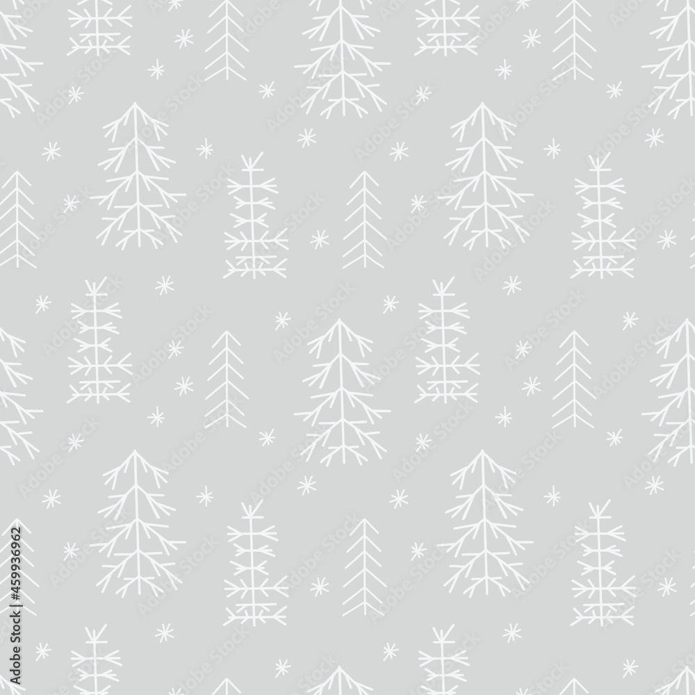 Obraz premium Seamless New Year template with stylized Christmas trees In the forest. Vector holiday background for packaging, paper and textile products