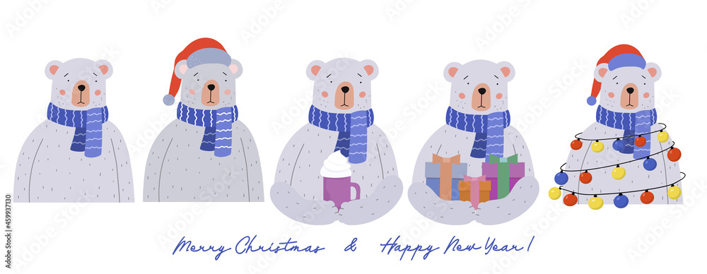 Fototapeta premium A set of Teddy Bears with Christmas presents, a garland of colorful lights and a Santa hat. Vector cute character