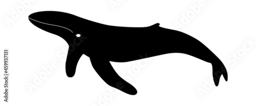 Humpback whale silhouette for ecology banner design. Large underwater mammal logo black white. Protection of fauna and marine animals. Ocean fish icon with tail and fins. Vector isolated illustration