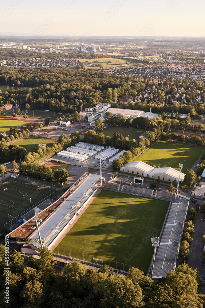 aerial view of a soccer field in the city