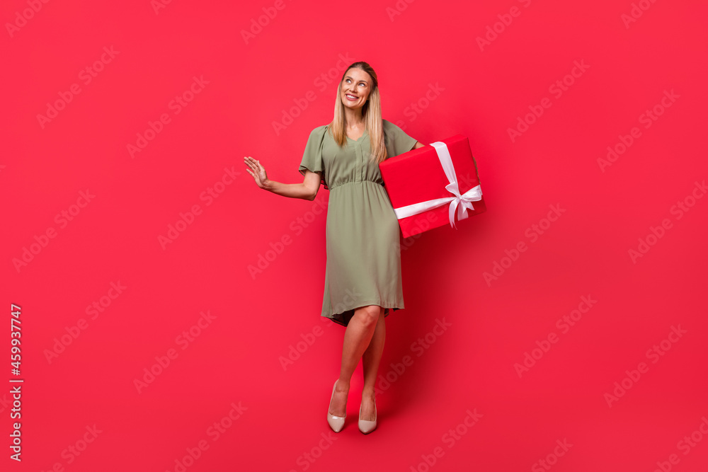 Photo of charming sweet young woman dressed green clothes holding big present box looking empty space isolated red color background Photo of charming sweet young woman dressed green clothes holding big present box looking empty space isolated red color background