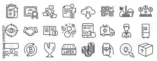 Set of Business icons  such as Household service  Businessman  Cloud download icons. Internet report  Coins  Meeting signs. Medical analyzes  Teamwork  Ambulance car. Package  Eye target. Vector