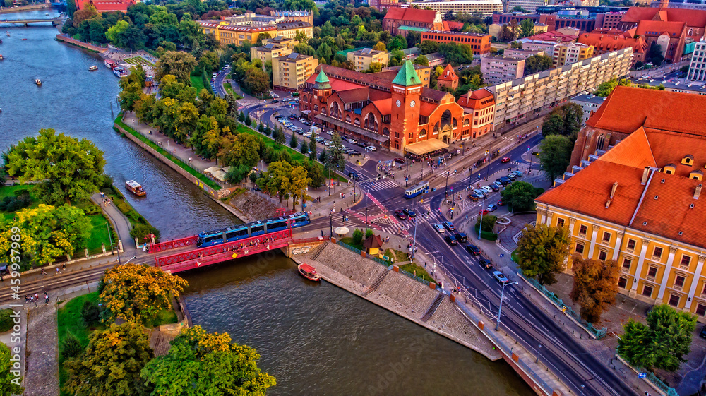 aerial view of the bridge in wroclaw city